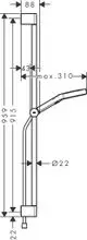 Technisches Diagramm eines Brausesets mit Brausestange, Handbrausehalterung und Textilbrauseschlauch in Chrom. Detailierte Maßangaben sind vorhanden, einschließlich Durchmesser und Längenangaben.